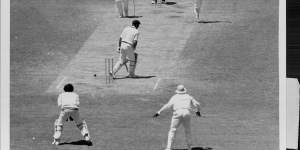 Imran Khan strikes,bowling Doug Walters,during the 1976-77 tour of Australia.