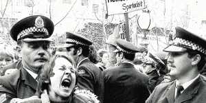 The scene outside the Central Court of Petty Sessions in Sydney where gay and lesbians demonstrated in 1978.