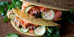 Salmon and kimchi tacos