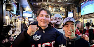 Miles Graham and Luke Cashion,both 21 and from Washington,DC,were booed at McLean’s Pub in downtown Montreal before the US-Canada hockey game.