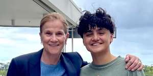 Iranian soccer player Fatemeh Pasandideh with FIFA executive and former US women’s coach Jill Ellis. 