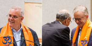Scott Morrison and Anthony Albanese were keen to appeal to the Indian-Australian vote at the last federal election,both pictured here wearing a scarf of a controversial Hindu nationalist group.