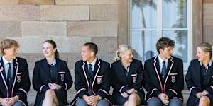 Cranbrook year 12 students Max Scales,Charlie Harris and Slade Keating are welcoming year 11 girls Sienna Novak,Lucy Foster and Nia Dowson to the school.