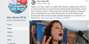 Alex Hawke has backed Gladys Liu's remarks,which Ms Liu has distanced herself from. 