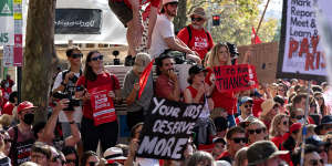 Thousands of teachers marched to state parliament on Wednesday morning demanding better pay and conditions. 