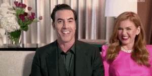 Sacha Baron Cohen and Isla Fisher at the virtual 2021 Golden Globes. 