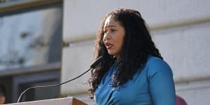 San Francisco Mayor London Breed speaks during a briefing outside City Hall in San Francisco in December.