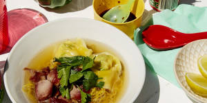 Mi sui cao (Prawn dumplings with egg noodles) from Jerry Mai's cookbook.