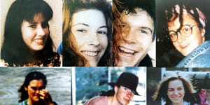 The backpackers murdered by Ivan Milat. Pictured are (from top L to R) Deborah Everist,Anja Habschied,Gabor Neugebauer,Simone Schmidl;(bottom L to R) Joanne Walters,James Gibson,and Caroline Clarke. 