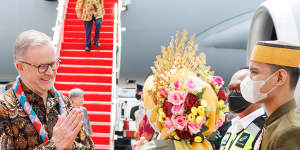 Prime Minister Anthony Albanese arrives at Sultan Hasanuddin Airport during a visit to Makassar,Indonesia.