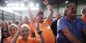 Supporters of US President Donald Trump cheer as Prime Minister Scott Morrison speaks in Ohio.