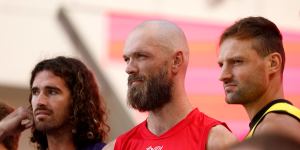 Max Gawn (centre) at the AFL’s captains day at Marvel Stadium last month.