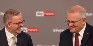 Fighting words:Anthony Albanese and Scott Morrison during their first election debate.
