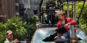 Director David Leitch and Ryan Gosling (as Colt Seavers) on the set of The Fall Guy.