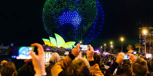 A drone show over the Opera House at the 2023 Vivid festival.