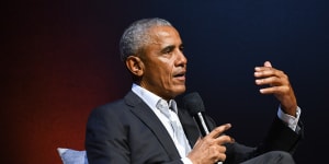 Barack Obama gives his perspective on the dangers of the digital age at the Aware Super Theatre in Sydney’s Darling Harbour on Tuesday.