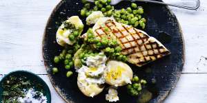 Barbecued blue-eye with tarragon tartare sauce with crushed green peas and boiled new potatoes. 