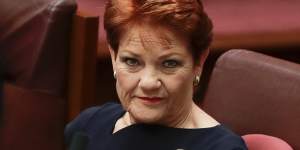 Senator Pauline Hanson during debate in the Senate at Parliament House in Canberra on Thursday 14 February 2019. fedpol Photo:Alex Ellinghausen
