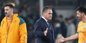 Dave Rennie and Jake Gordon after the Wallabies’ loss to Ireland.