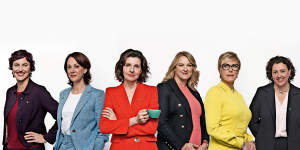 Teal MPs (from left) Kate Chaney,Sophie Scamps,Allegra Spender,Kylea Tink,Zoe Daniel and Monique Ryan.
