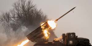 Ukrainian servicemen of the Prince Roman the Great 14th Separate Mechanised Brigade fire a Soviet-era Grad multiple rocket launcher at Russian positions in the Kharkiv area on Saturday.