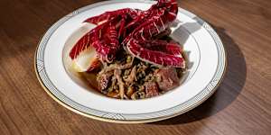Duck and lentil ragu with quince,radicchio and celeriac puree.