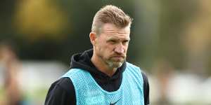 Collingwood coach Nathan Buckley,pictured during a training session at the Holden Centre,is clear that the decision on his coaching future doesn’t rest with new president Mark Korda.