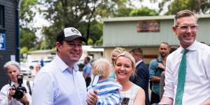 Penrith MP Stuart Ayres was joined on the hustings by Premier Dominic Perrottet,his wife Helen Perrottet and their baby Celeste on the last day of the campaign.
