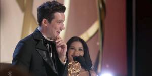 The Crown’s Josh O’Connor accepts the award for outstanding lead actor at the Emmys.