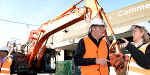 Premier Daniel Andrews and Jacinta Allan,now his deputy,inspect works on the Suburban Rail Loop station in Clayton earlier this year.