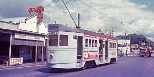 A long-gone Brisbane tram making its way along Sandgate Road,Clayfield,in 1969.