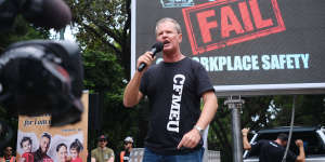 Michael Ravbar,the CFMEU’s Queensland secretary,at a protest in Brisbane in February.