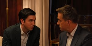Bumbling “cousin Greg” (Nicholas Braun) and ambitious Tom Wambsgans (Matthew Macfadyen) in season four of Succession.