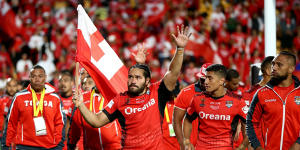 Rare occasion:Konrad Hurrell of Tonga leads his team around the ground thanking supporters.