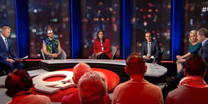 The Q+A panel,which included (l-r) host Hamish Macdonald;singer and dancer Mitch Tambo;Palestinian advocate Randa Abdel-Fattah;Liberal MP and former ambassador to Israel Dave Sharma;Jennifer Robinson,a lawyer who has represented the Palestinians at the International Criminal Court;and Labor MP Ed Husic. 