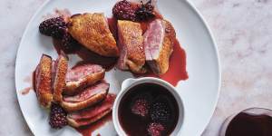 Duck breast with orange and red wine sauce.