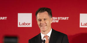Premier-elect Chris Minns savours the atmosphere at Labor’s election event on Saturday night.