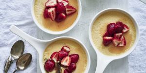 Vanilla pots de creme with macerated strawberries.