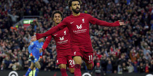 Mohamed Salah celebrates after hitting Liverpool’s winner.