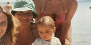 Liliana (left) and Lydia with Liliana’s grandson Nick at Mt Martha beach in the 1980s.