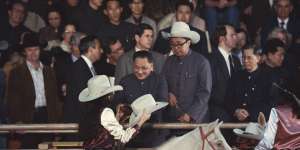 Deng Xiaoping receives a stetson hat at a Houston rodeo during a visit in 1979.
