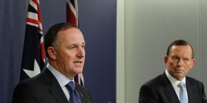 New Zealand prime minister John Key with prime minister Tony Abbott in 2014. Key ended a ban on US Navy ships visiting in New Zealand dating back to the 1980s.