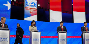 Republican presidential candidates from left:Chris Christie,Nikki Haley,Ron DeSantis and Vivek Ramaswamy on Thursday.