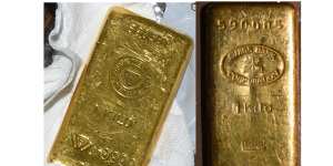 Two of the gold bars found during a search by federal agents of Senator Bob Menendez’s home.