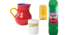 “Long Lunch” jug;“Ciao” candle;“Lemon” prebiotic drink;“Coloured Campbell’s Soup” deck.
