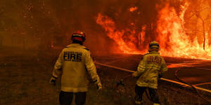 Fire and Rescue attempt to hold the Gospers Mountain fire from crossing the Bells Line of Road in December 2019. 