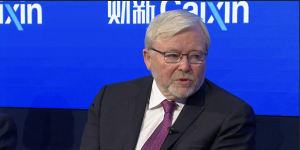 Former Prime Minister Kevin Rudd speaking at the World Economic Forum in Davos.