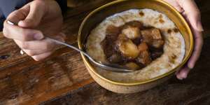Porridge with stewed apples and brown sugar at Gypsy Espresso,Potts Point.