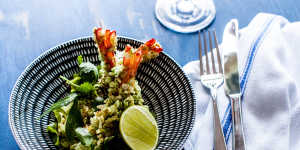 Green rice crumbed prawns with chilli&ginger pickle salad.