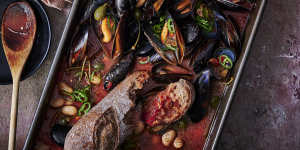 One-tray mussels with smoky tomato and butter beans.